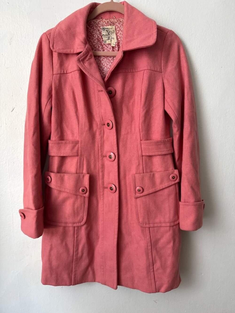 Salmon-pink Wool-Blend Distinctive Utility Flap Pockets Classic Button-Front Coa